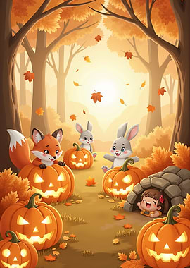 Halloween Cartoon with Animals and Pumpkins