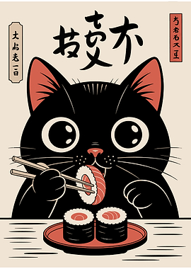Black Cat Eating Sushi Illustration