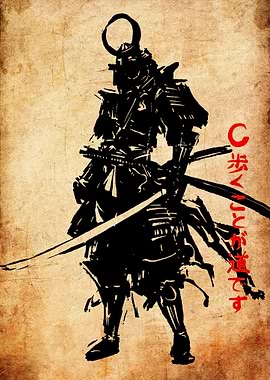 Samurai Warrior Illustration with Japanese Text