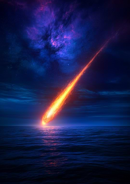 A glowing meteor crashing into an ocean