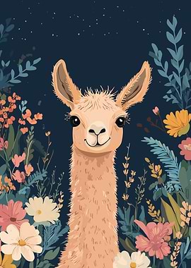 Llama Portrait in Floral Garden