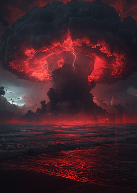 Apocalyptic Red Storm Over the Ocean