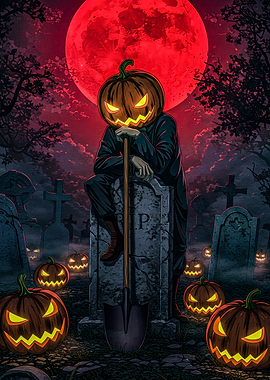 Halloween Pumpkin Head in Cemetery