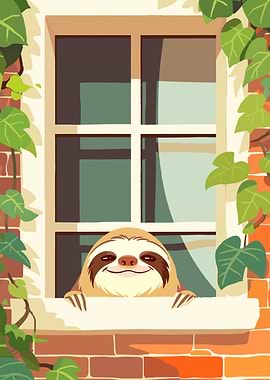 Smiling Sloth in Window with Vines