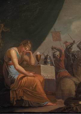 Woman Resting Amidst Battle Scene Painting