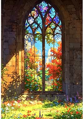 Stained Glass Window with Autumn View