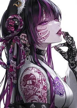 Anime Girl with Tattoos and Cat Ears