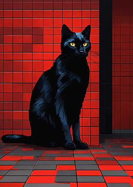 Black Cat with Red Tile Background