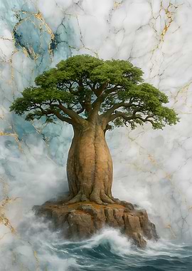 Baobab Tree on Island, Marble Sky