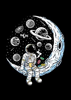 Astronaut on Moon with Coffee and Donuts