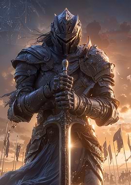 Armored Knight with Sword in Battlefield