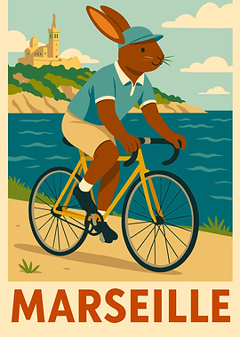 Marseille Travel Poster with Rabbit Cyclist