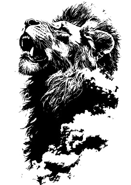 Roaring Lion Black and White Illustration