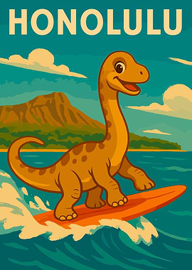 Honolulu Dinosaur Surfing Cartoon Illustration