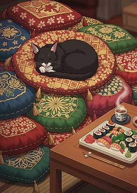 Cat Nap on Cushions with Sushi