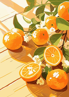 Oranges and blossoms on wooden table