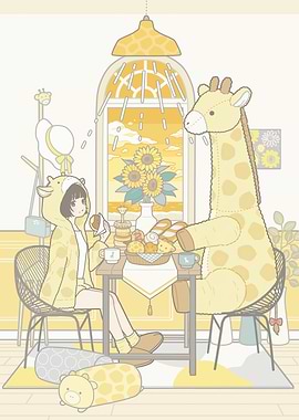 Giraffe-themed breakfast with girl and plush