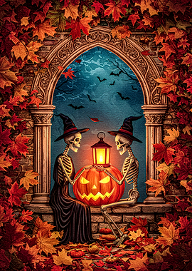 Halloween Skeletons with Pumpkin and Lantern