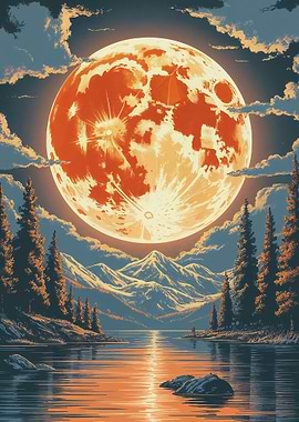Full Moon Over Mountain Lake Landscape