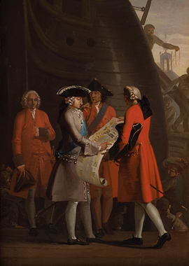 Men Examining Map Near Ship Painting