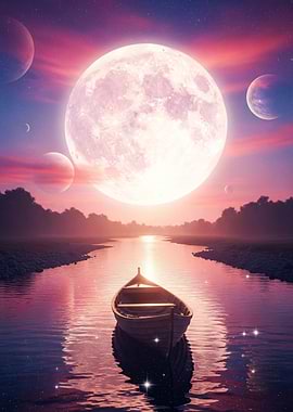 Boat on River with a big moon
