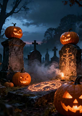 Halloween Pumpkins in a Cemetery