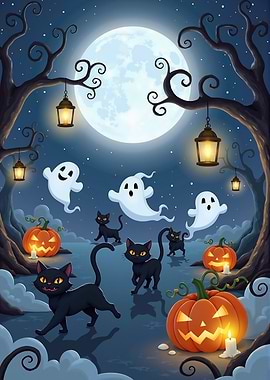 Halloween Night with Cats and Ghosts