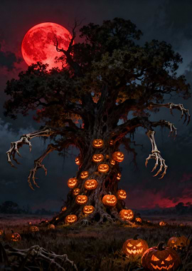Halloween Tree with Jack-o'-Lanterns and Red Moon
