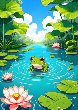 Cartoon Frog in a Lily Pond