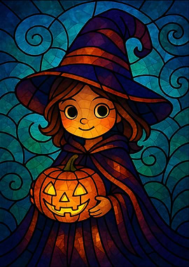 Stained Glass Halloween Witch with Pumpkin