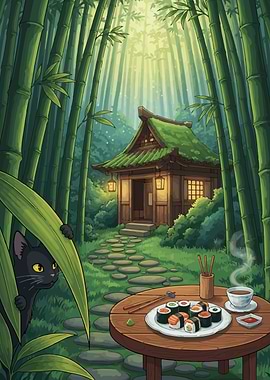 Sushi in Bamboo Forest with Cat