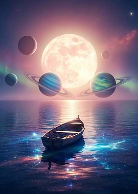 Boat on Cosmic Ocean with Planets
