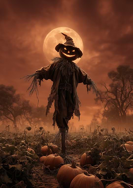 Halloween Scarecrow Pumpkin Patch Full Moon