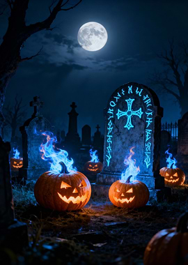 Halloween graveyard with glowing pumpkins