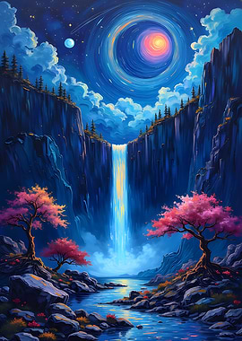 Fantasy Waterfall Landscape with Cherry Trees