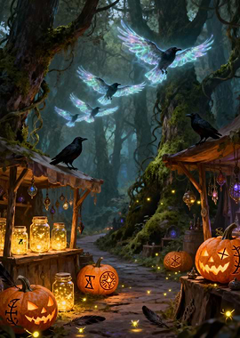 Halloween Market with Crows and Pumpkins