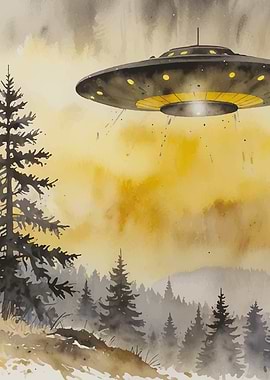 Watercolor UFO over Forest Landscape