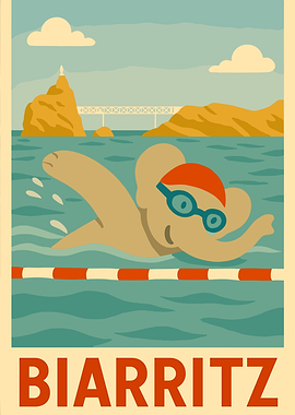 Biarritz swimming elephant travel poster