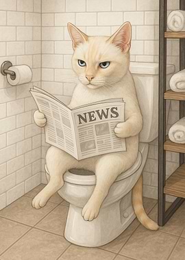 Cat Reading Newspaper on Toilet