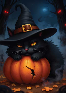 Halloween Cat with Witch Hat on Pumpkin