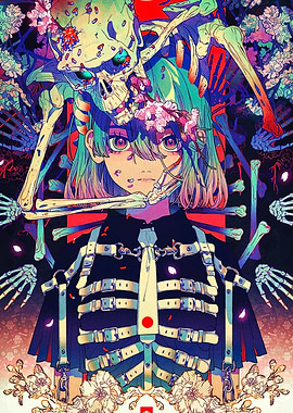 Anime Girl with Skeleton and Flowers
