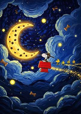 Snoopy and Woodstock in Starry Night
