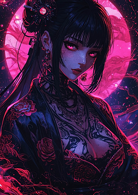 Anime Girl with Tattoos and Pink Moon