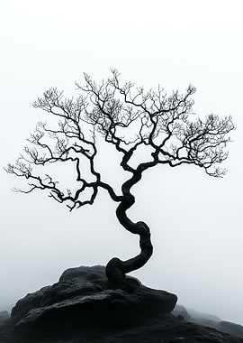 A mystical tree with twisted branches on a rock