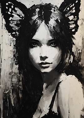 Monochrome Butterfly Girl Painting