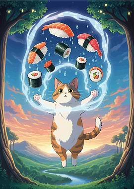 Cat with Sushi in Magical Forest