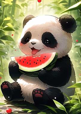 Cute Panda Eating Watermelon Illustration