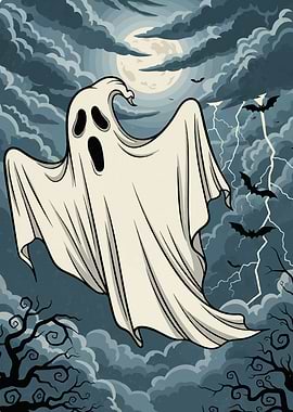 Cartoon Ghost in Stormy Night Scene Halloween2025