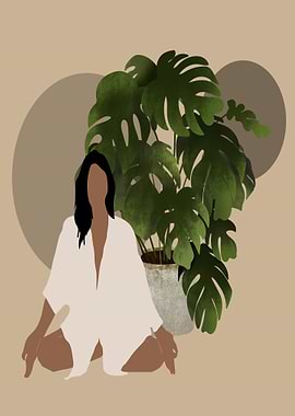 Woman Meditating with Monstera Plant