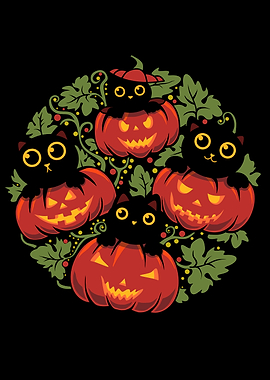 Halloween Cats and Pumpkins Illustration